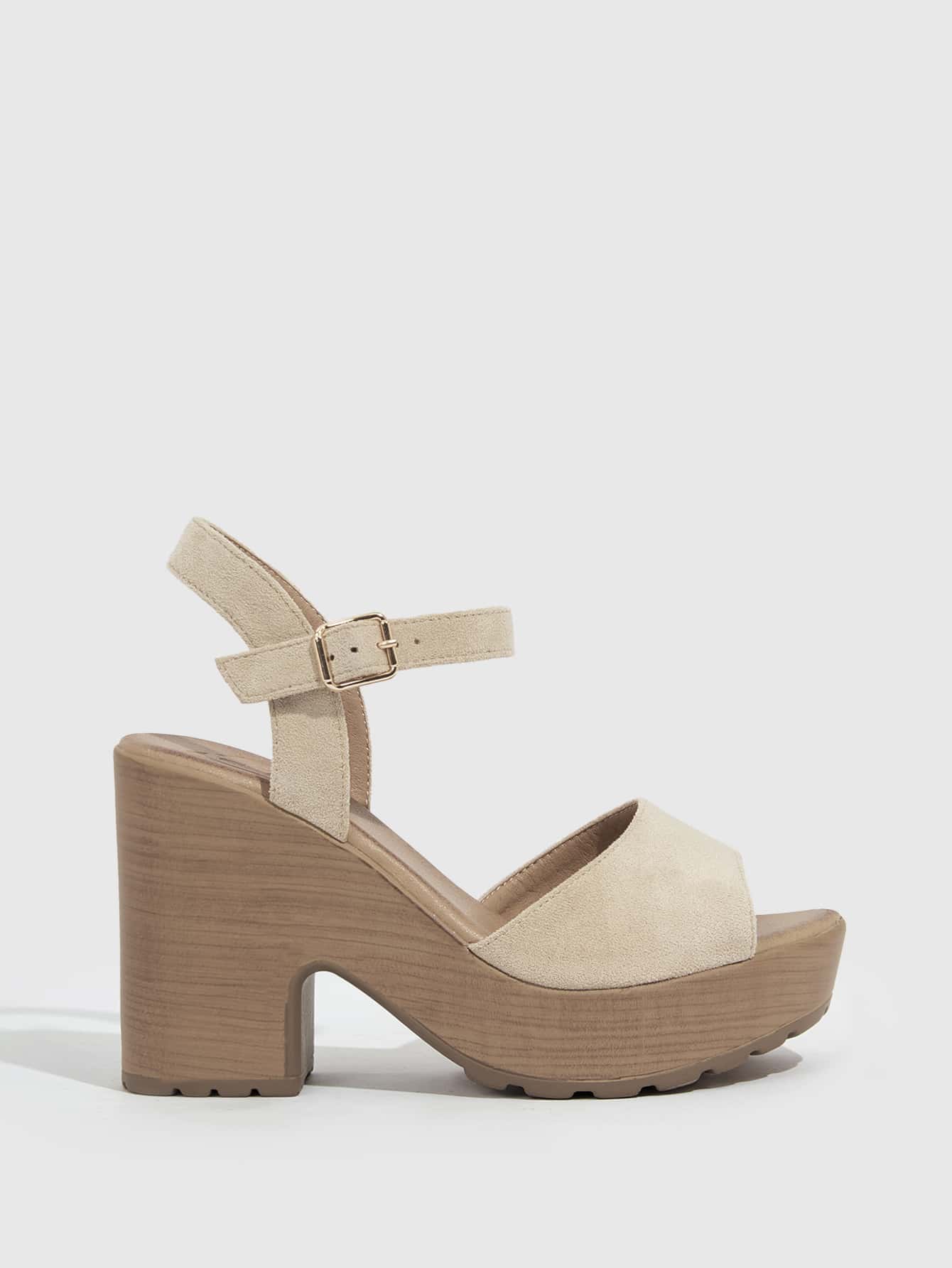 Beige Ankle Strap Sandals for Spring and Summer - Stylish Faux Suede Platform Chunky Heeled Shoes for Women