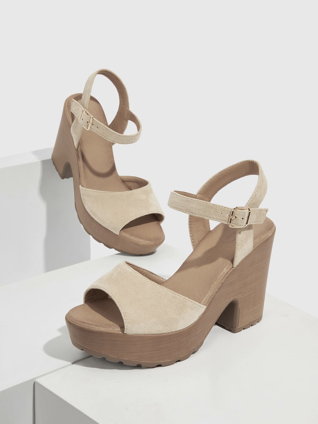 Beige Ankle Strap Sandals for Spring and Summer - Stylish Faux Suede Platform Chunky Heeled Shoes for Women