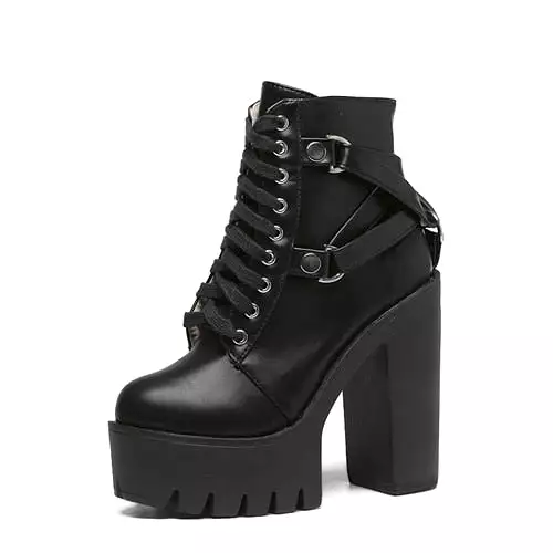 Black boots women heel, lace-up soft leather platform shoes, party ankle boots high heels punk - Google SEO friendly.