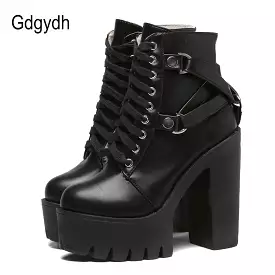 Black boots women heel, lace-up soft leather platform shoes, party ankle boots high heels punk - Google SEO friendly.