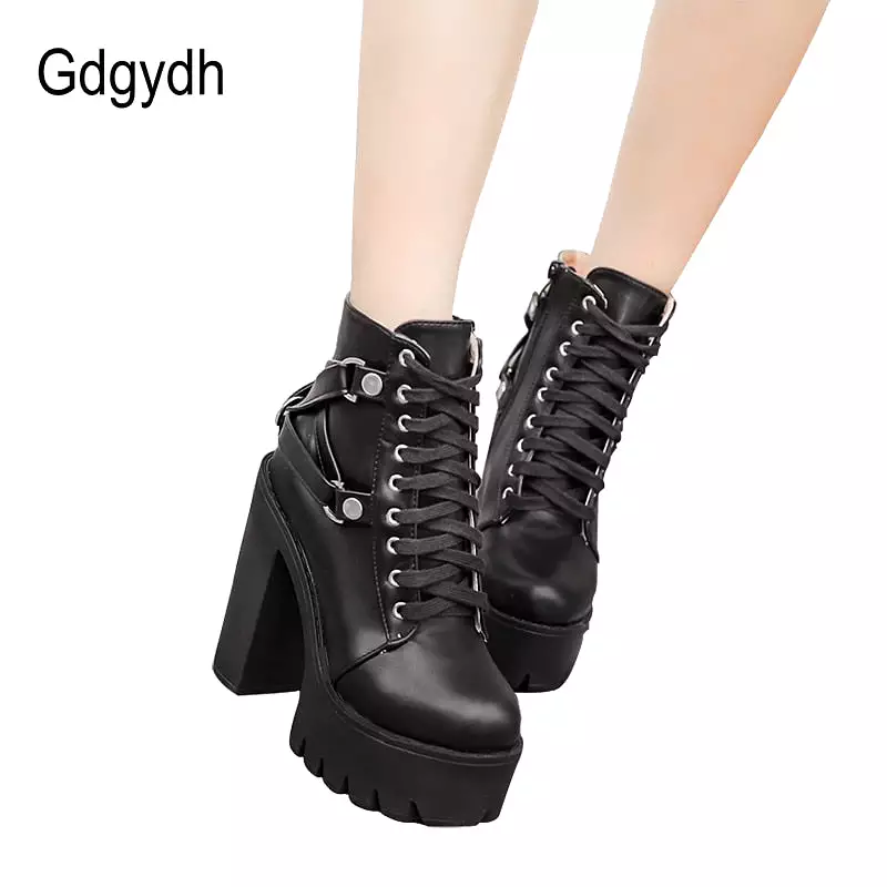 Black boots women heel, lace-up soft leather platform shoes, party ankle boots high heels punk - Google SEO friendly.