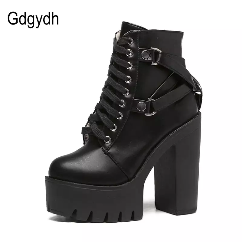 Black boots women heel, lace-up soft leather platform shoes, party ankle boots high heels punk - Google SEO friendly.