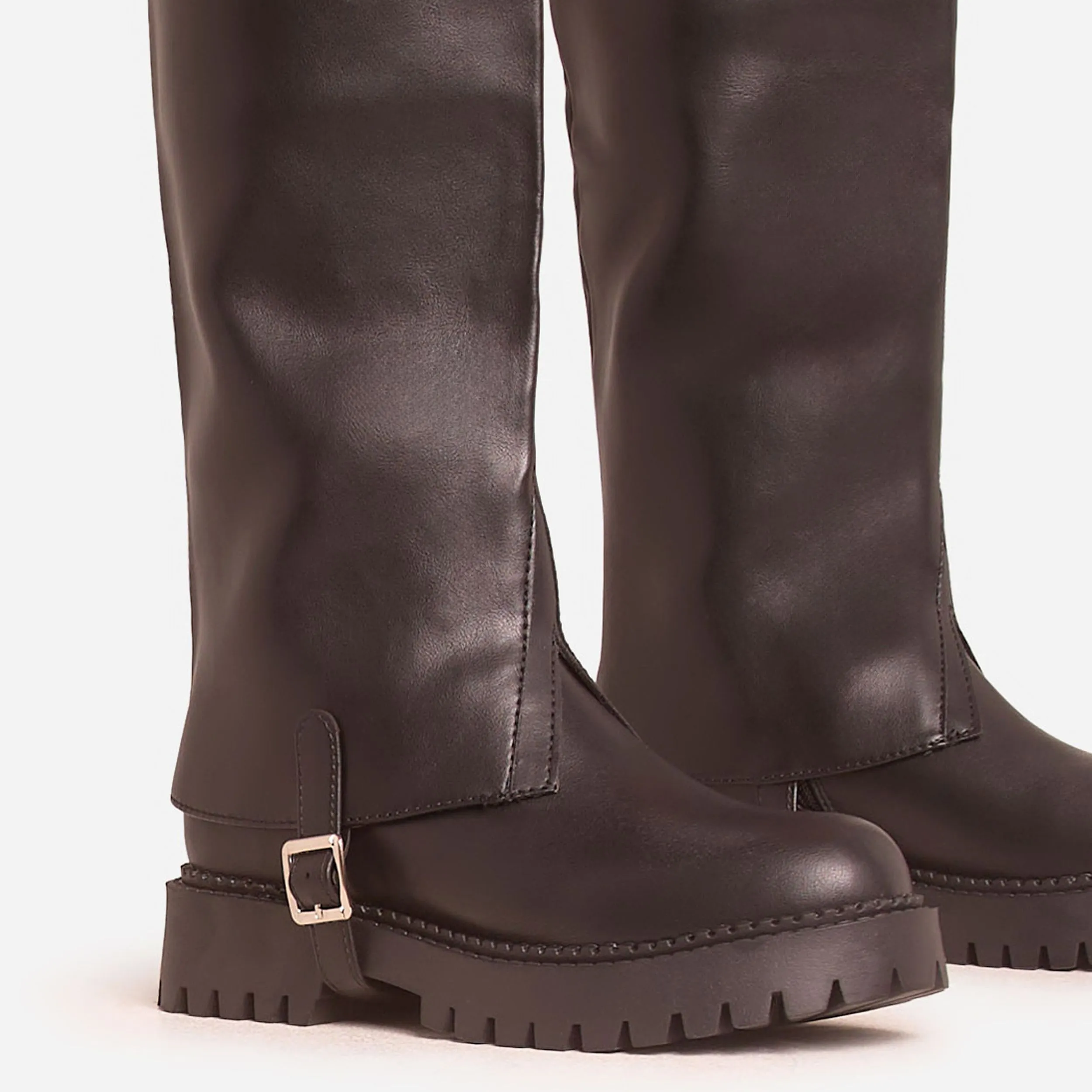 Black Faux Leather Benson Buckle Layered Detail Knee High Long Biker Boot