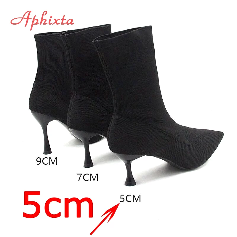 Black Knitted Elastic Ankle Boots with Pointed Toe - Elegant Women's Stretch Fabric Socks Shoes