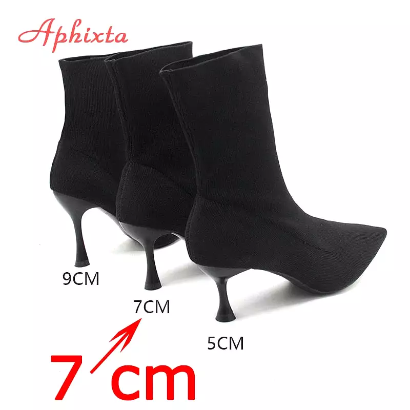 Black Knitted Elastic Ankle Boots with Pointed Toe - Elegant Women's Stretch Fabric Socks Shoes