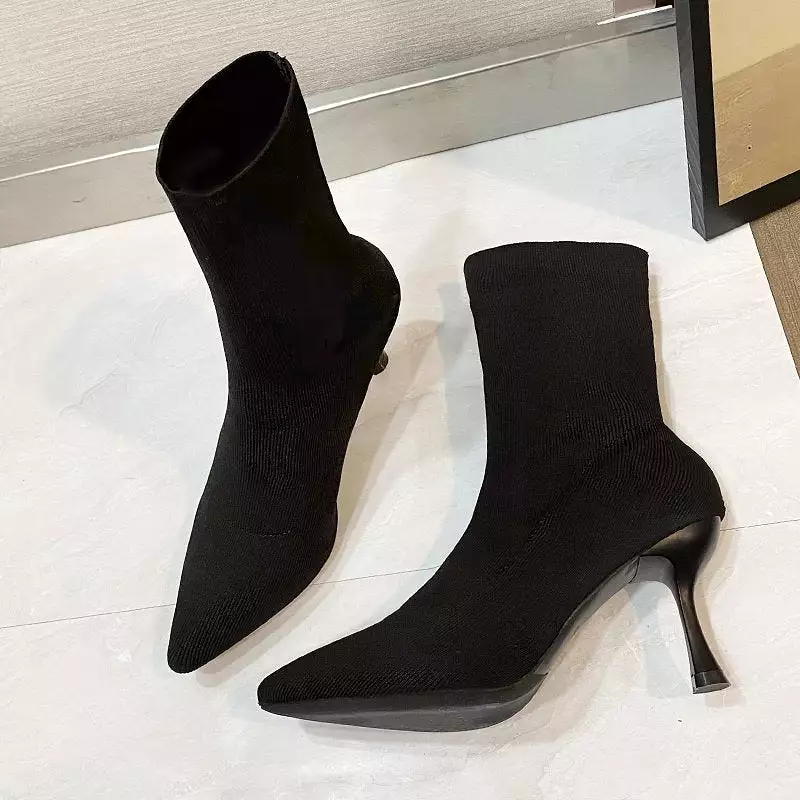 Black Knitted Elastic Ankle Boots with Pointed Toe - Elegant Women's Stretch Fabric Socks Shoes