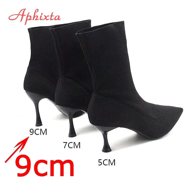 Black Knitted Elastic Ankle Boots with Pointed Toe - Elegant Women's Stretch Fabric Socks Shoes