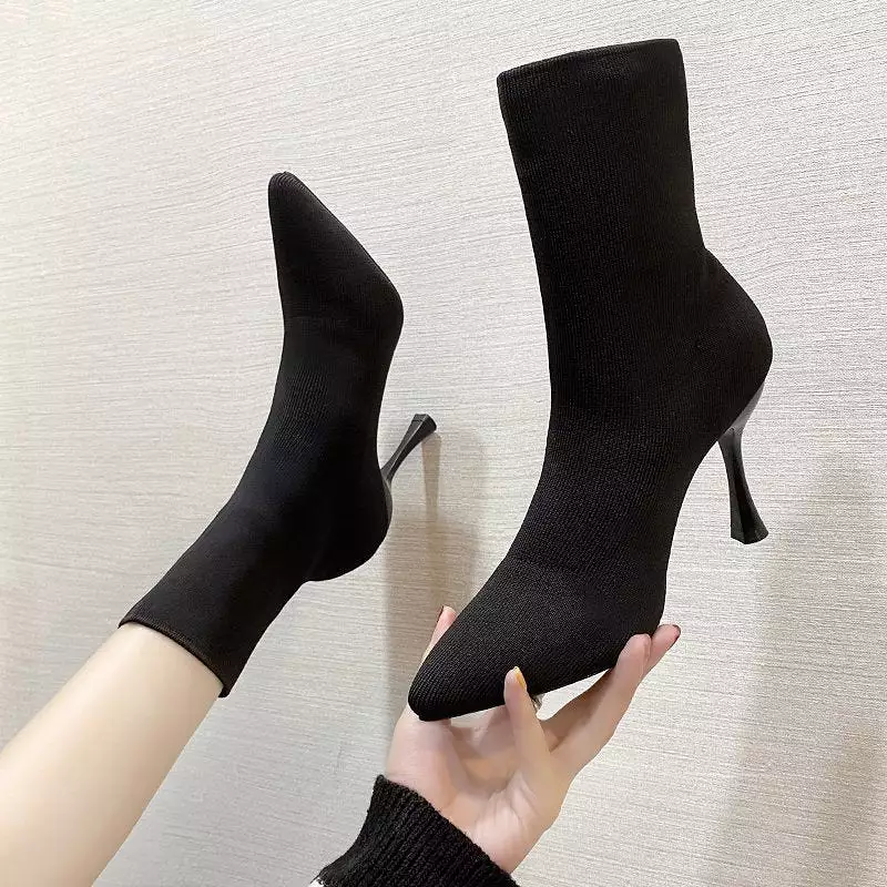 Black Knitted Elastic Ankle Boots with Pointed Toe - Elegant Women's Stretch Fabric Socks Shoes