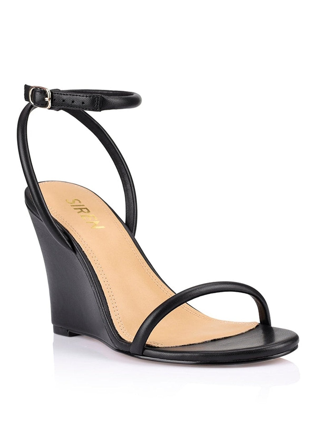 Black Leather Bebe Wedge Sandals