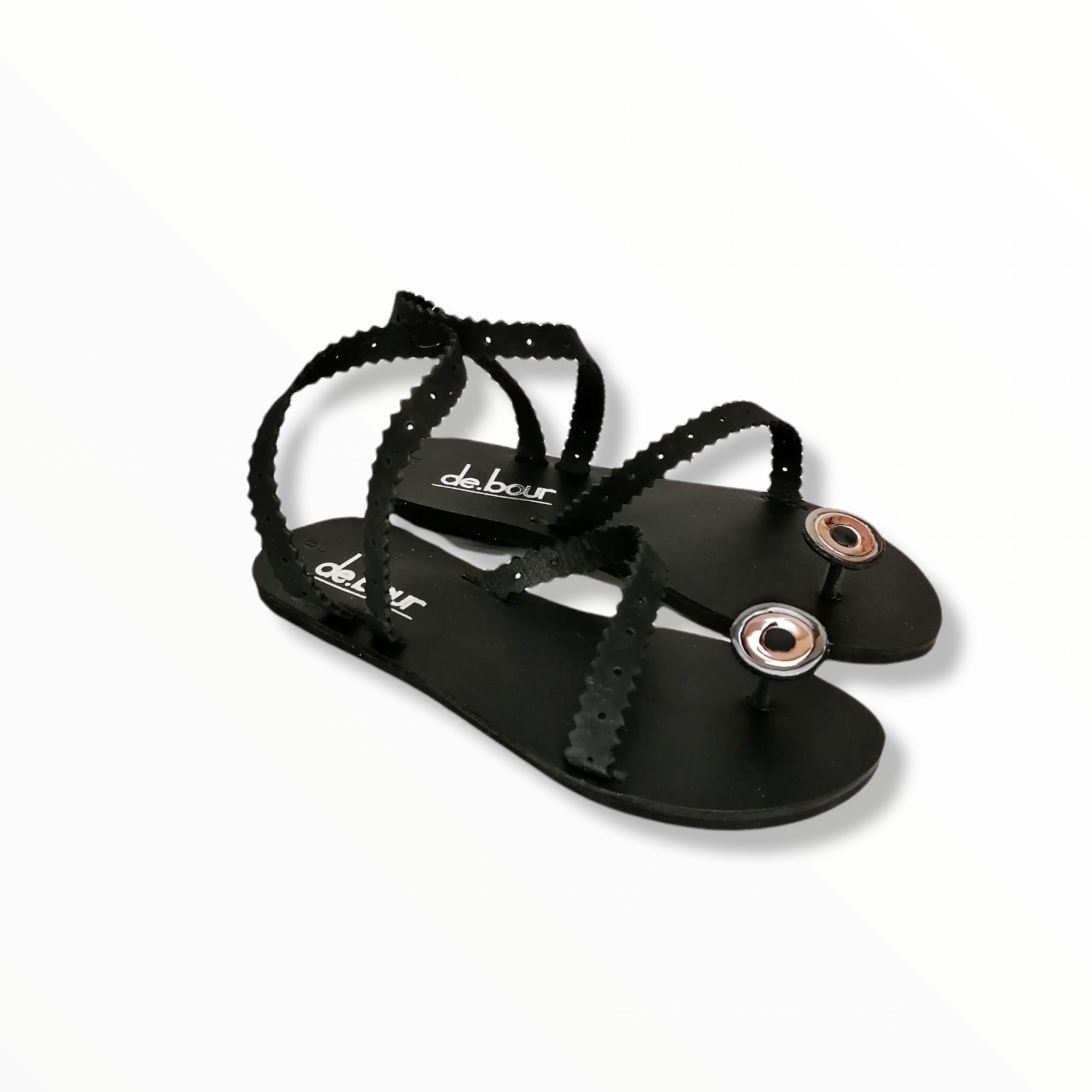 Black Leather Flat Sandals with Evil-Eye Design