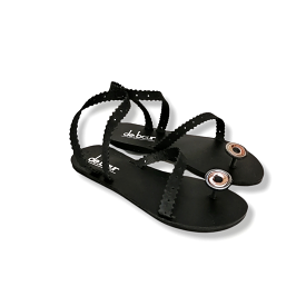 Black Leather Flat Sandals with Evil-Eye Design