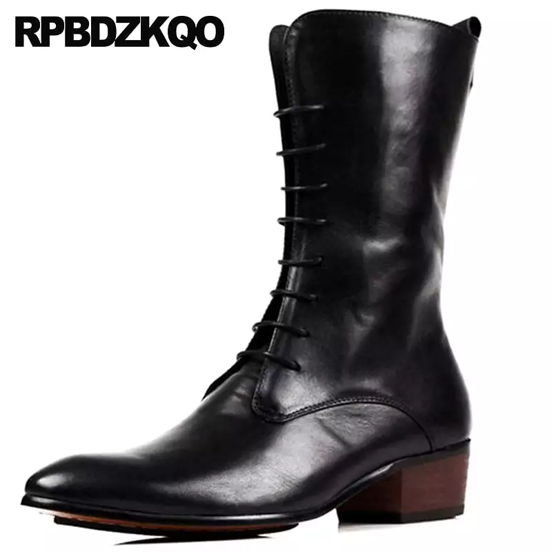 Black Leather Mid Calf Motorcycle Riding Boots for Men - Lace Up, Pointed Toe, British Style, Zipper Closure