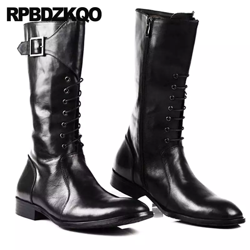 Black Leather Mid Calf Motorcycle Riding Boots for Men - Lace Up, Pointed Toe, British Style, Zipper Closure