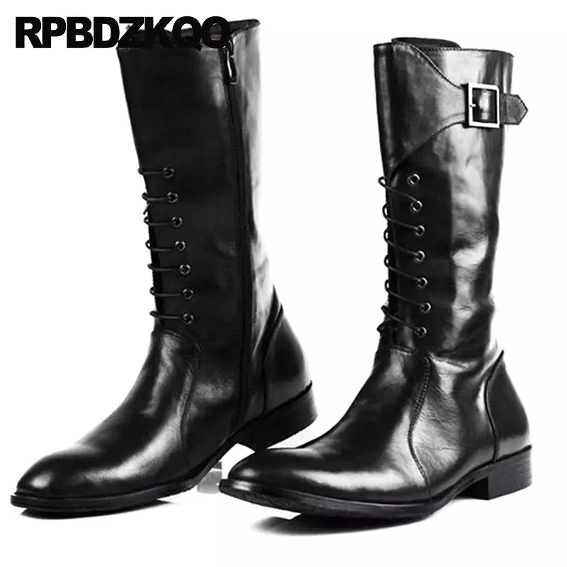 Black Leather Mid Calf Motorcycle Riding Boots for Men - Lace Up, Pointed Toe, British Style, Zipper Closure