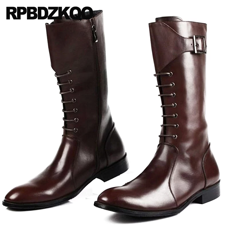 Black Leather Mid Calf Motorcycle Riding Boots for Men - Lace Up, Pointed Toe, British Style, Zipper Closure