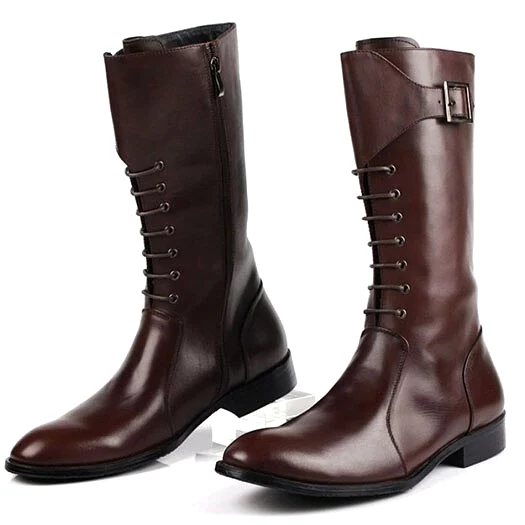 Black Leather Mid Calf Motorcycle Riding Boots for Men - Lace Up, Pointed Toe, British Style, Zipper Closure