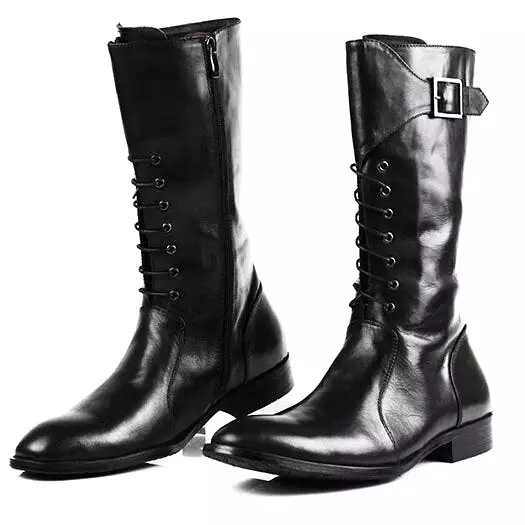 Black Leather Mid Calf Motorcycle Riding Boots for Men - Lace Up, Pointed Toe, British Style, Zipper Closure