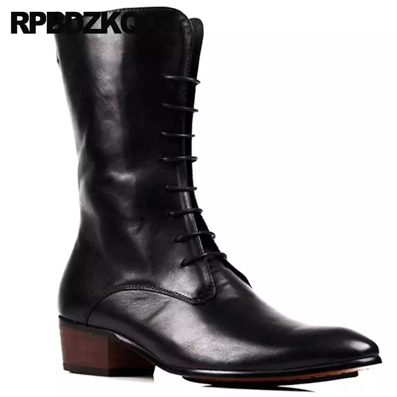 Black Leather Mid Calf Motorcycle Riding Boots for Men - Lace Up, Pointed Toe, British Style, Zipper Closure