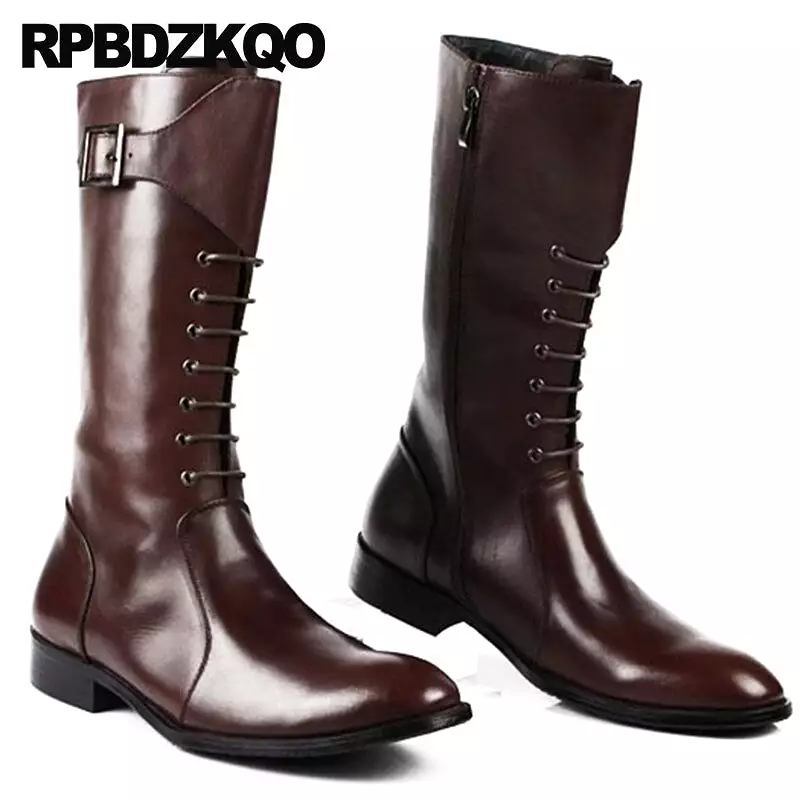 Black Leather Mid Calf Motorcycle Riding Boots for Men - Lace Up, Pointed Toe, British Style, Zipper Closure