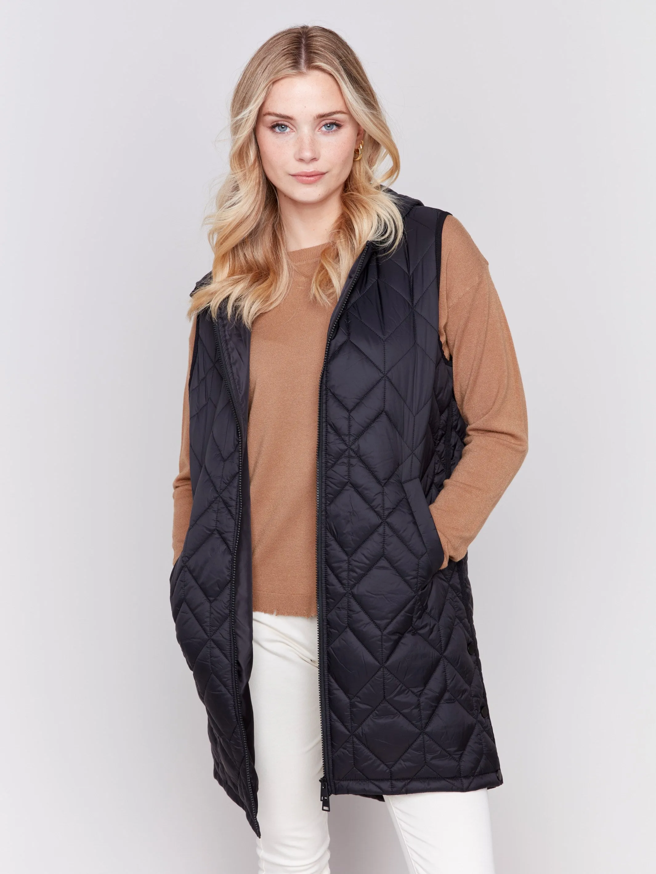 Black Long Quilted Puffer Vest with Hood