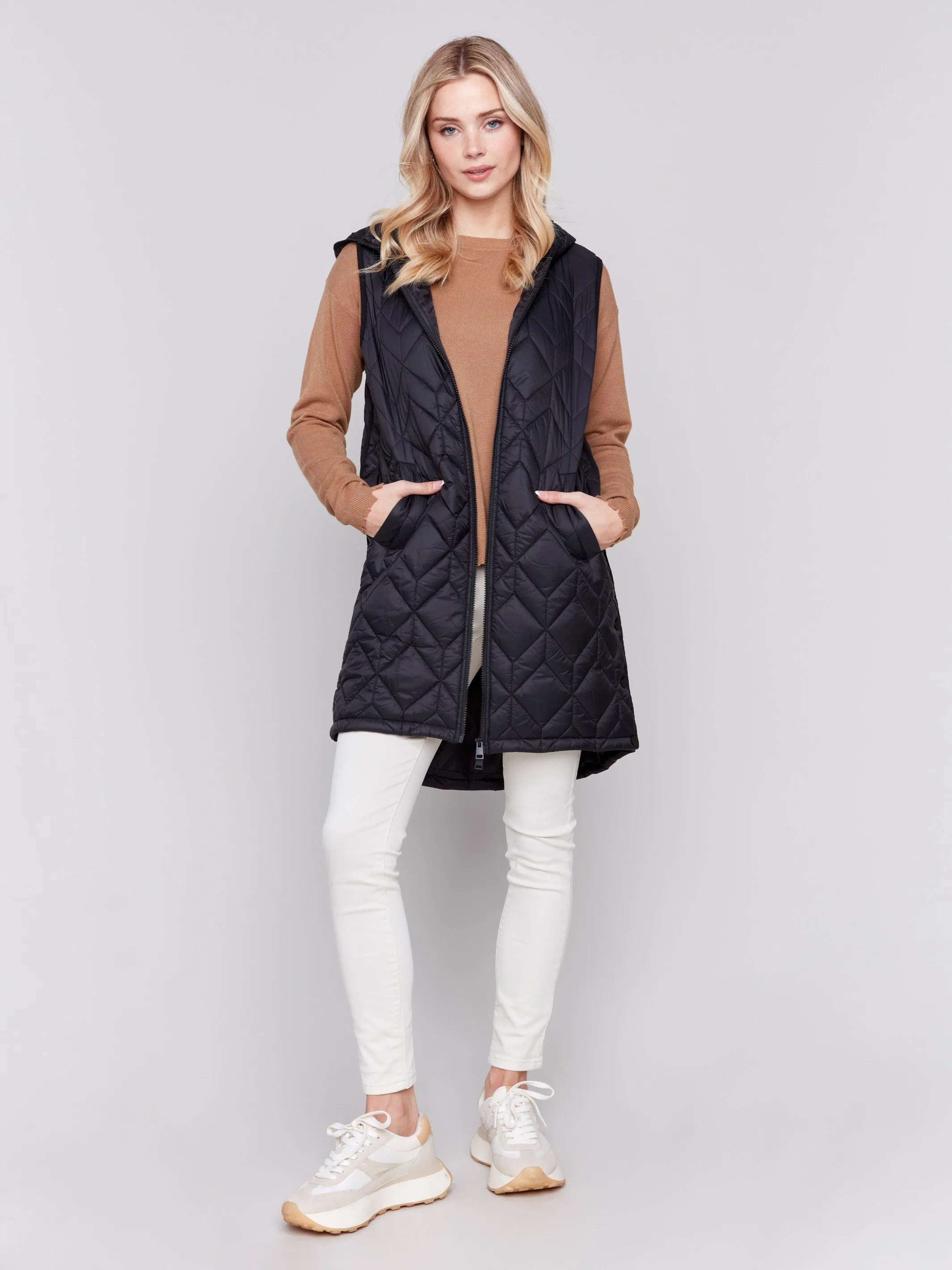 Black Long Quilted Puffer Vest with Hood