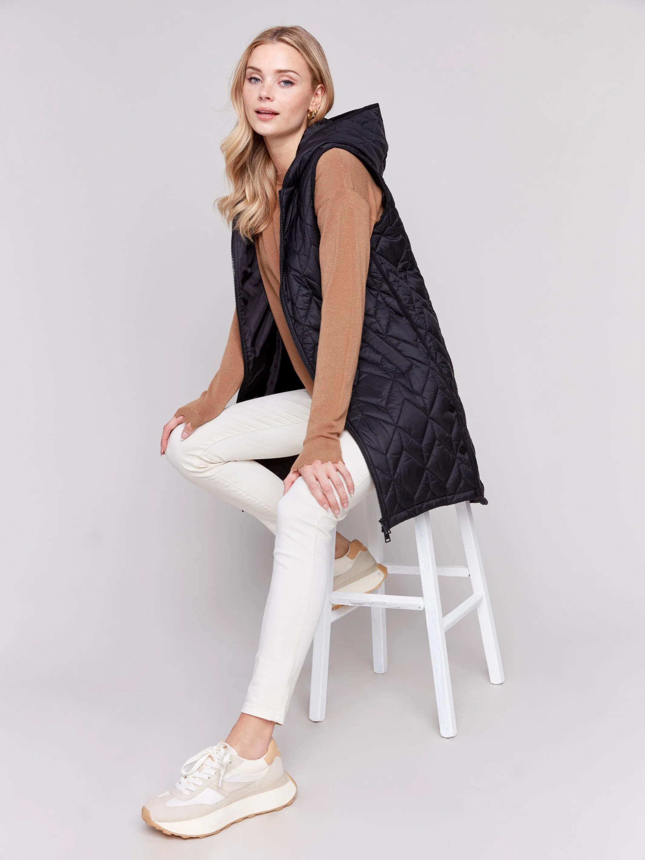 Black Long Quilted Puffer Vest with Hood