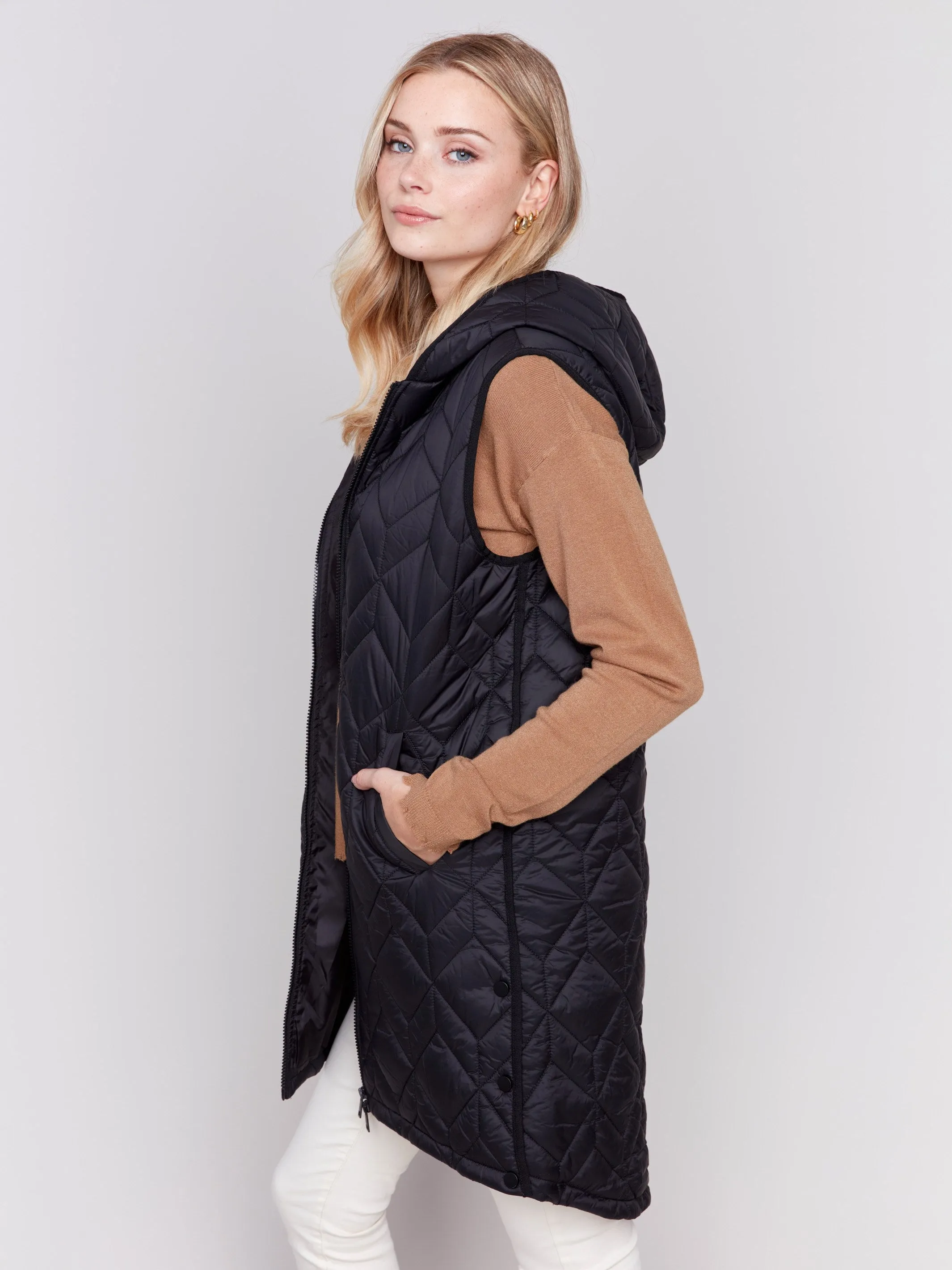 Black Long Quilted Puffer Vest with Hood