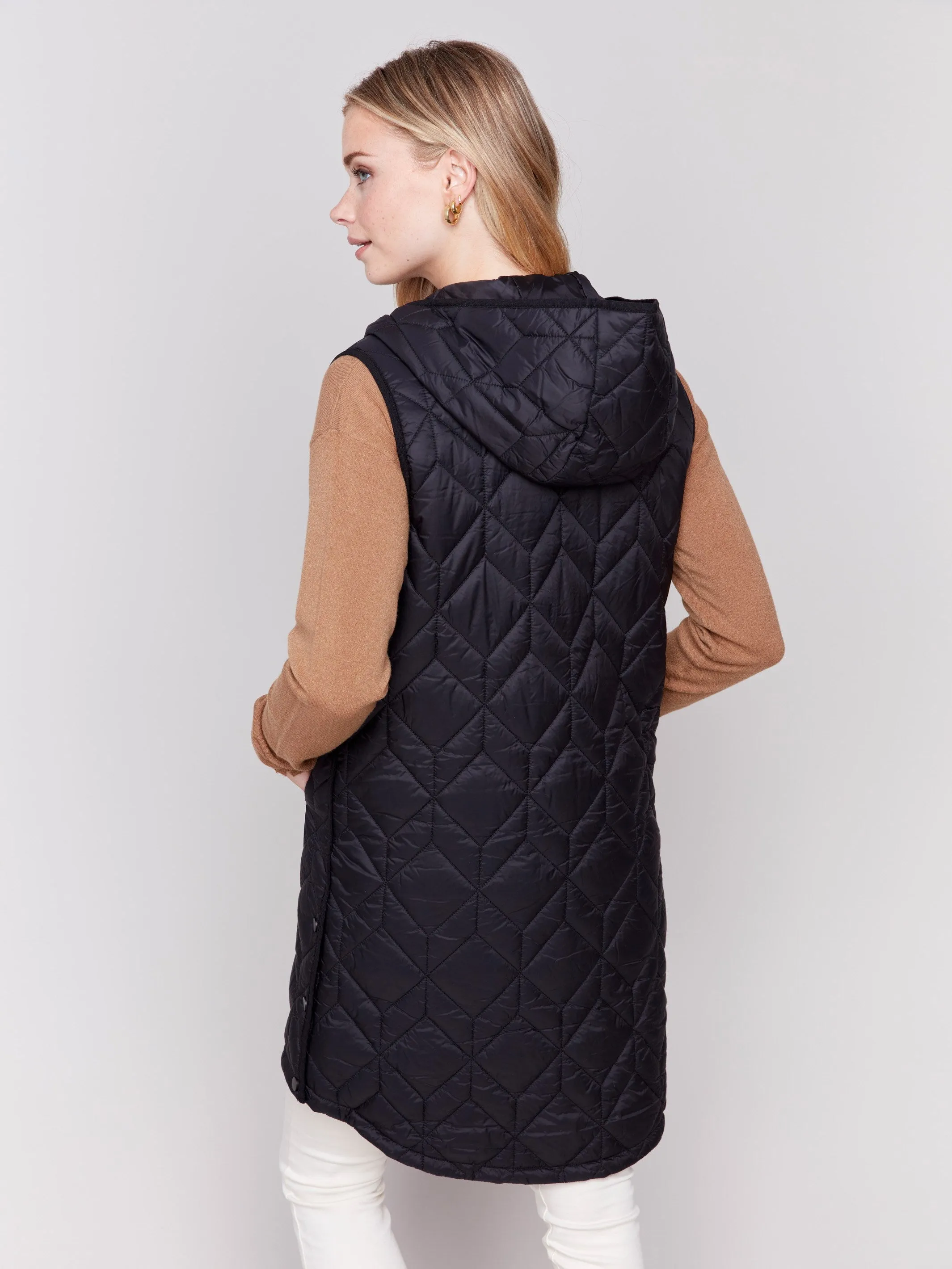 Black Long Quilted Puffer Vest with Hood