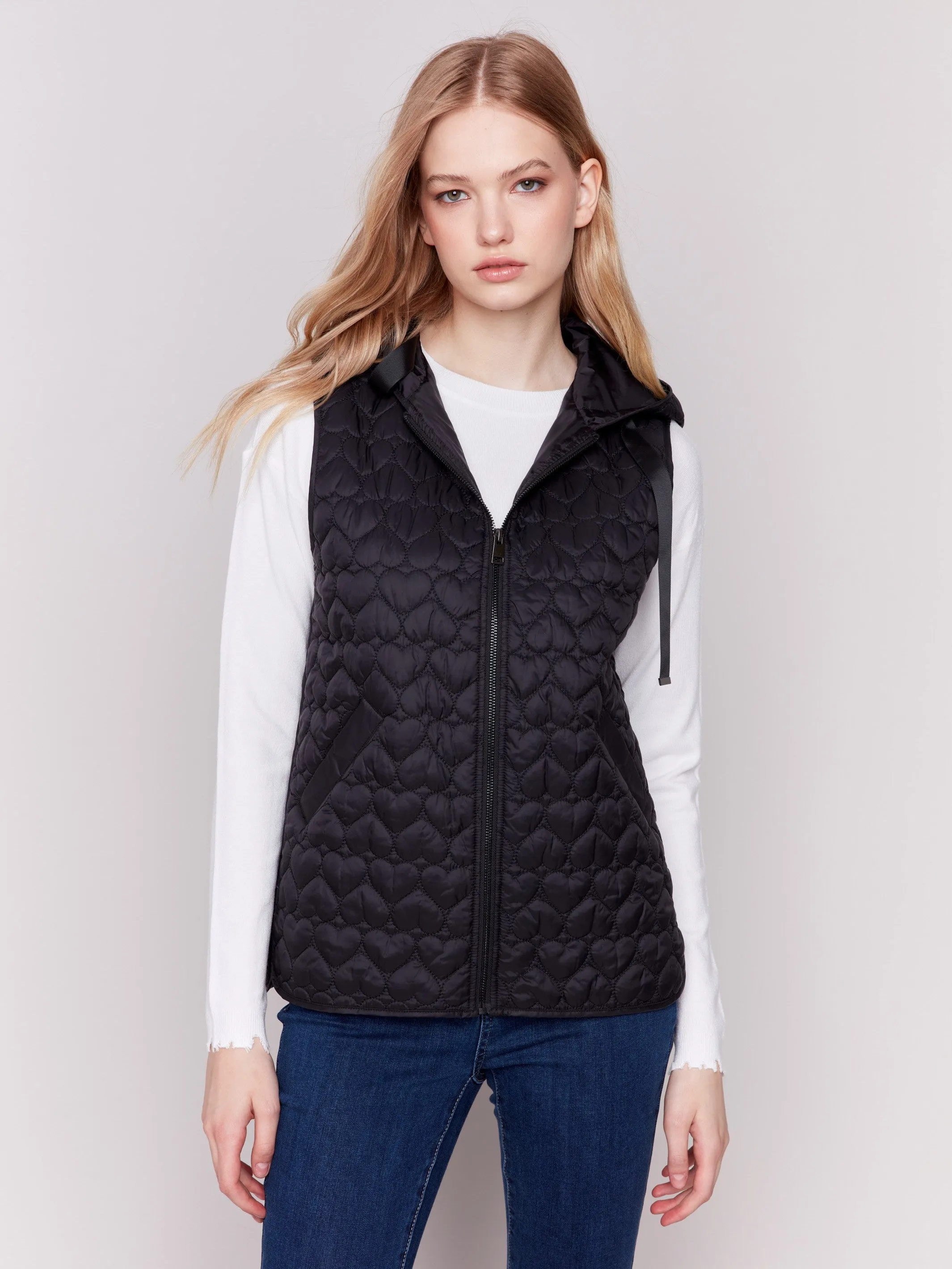 Black Short Quilted Puffer Vest with Hood