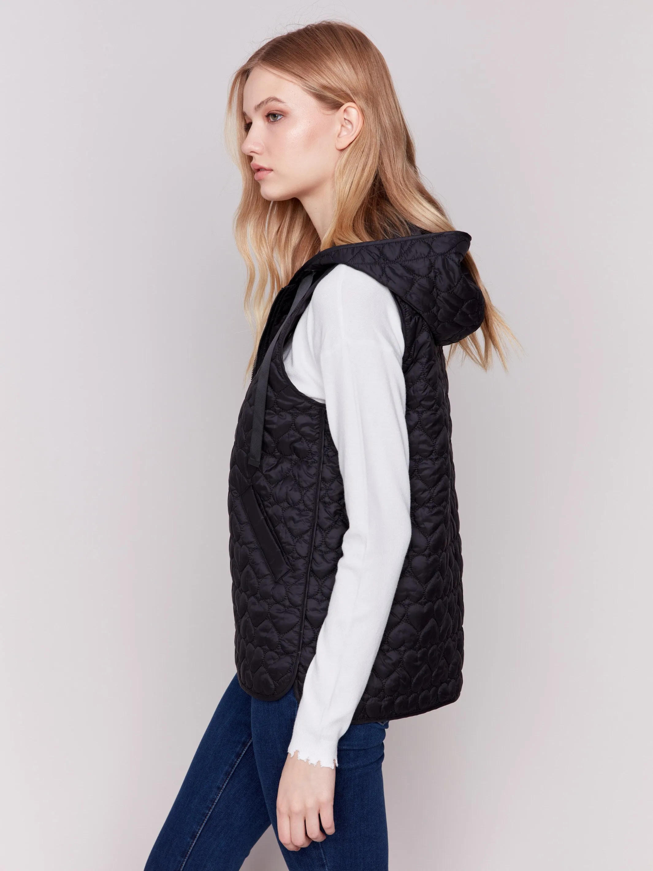 Black Short Quilted Puffer Vest with Hood