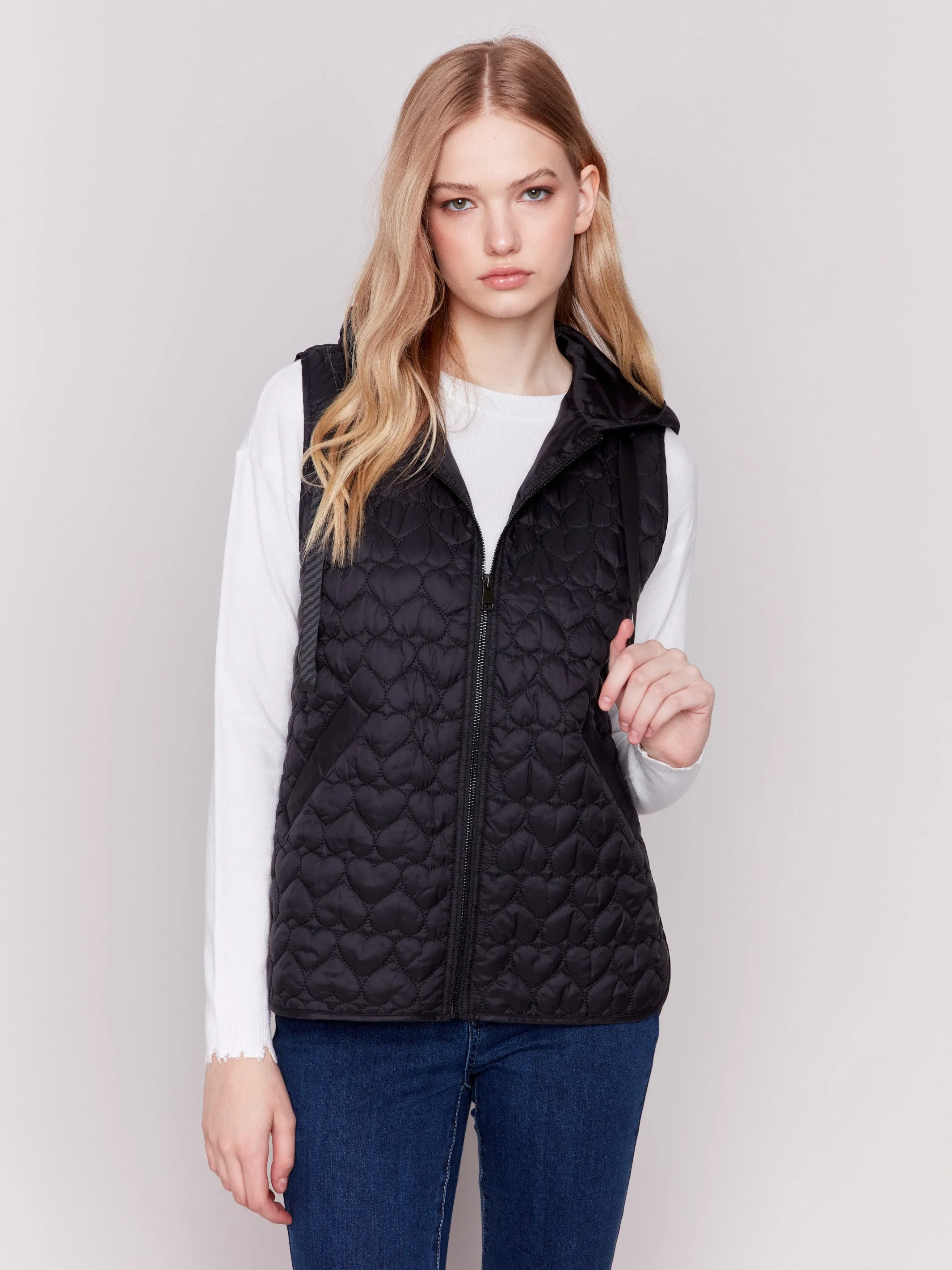 Black Short Quilted Puffer Vest with Hood