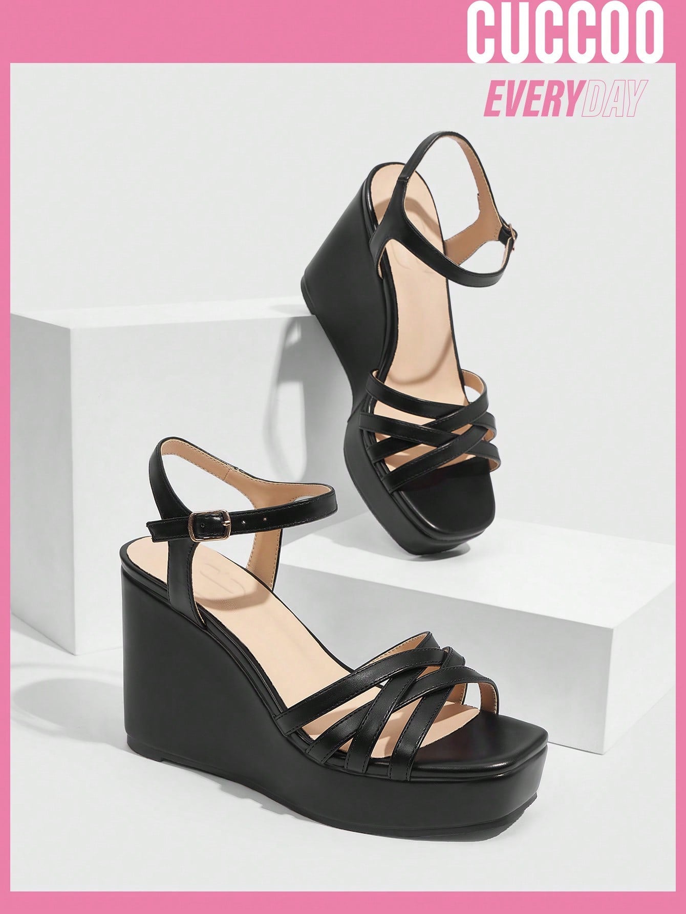 Black Strappy Wedge Sandals for Women's Spring and Summer Fashion