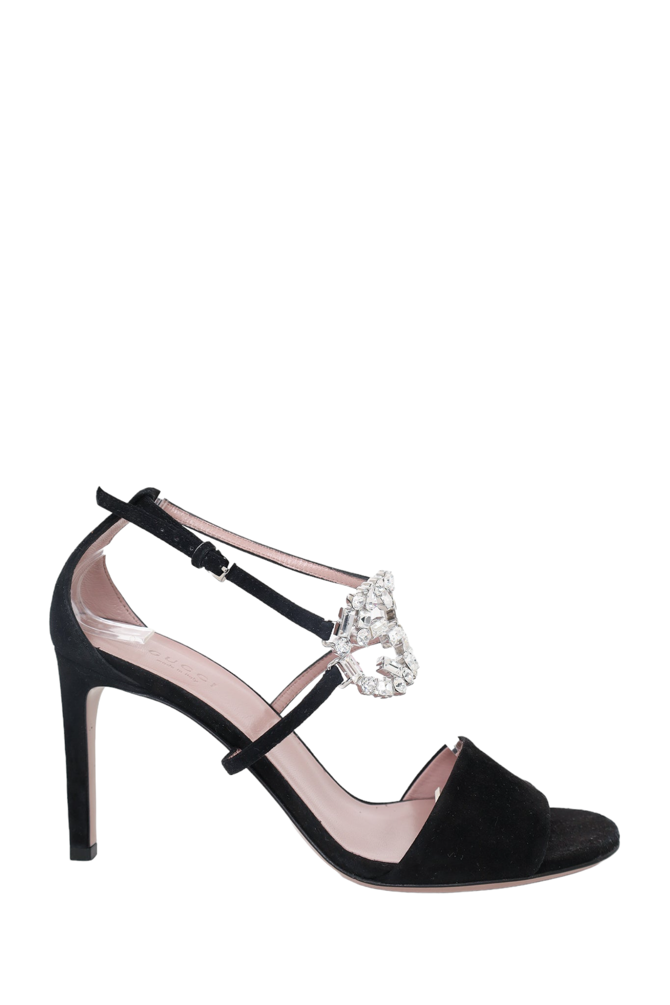 Black Suede Crystal Interlocking G Embellished Ankle Strap Sandals Gucci Size 38.