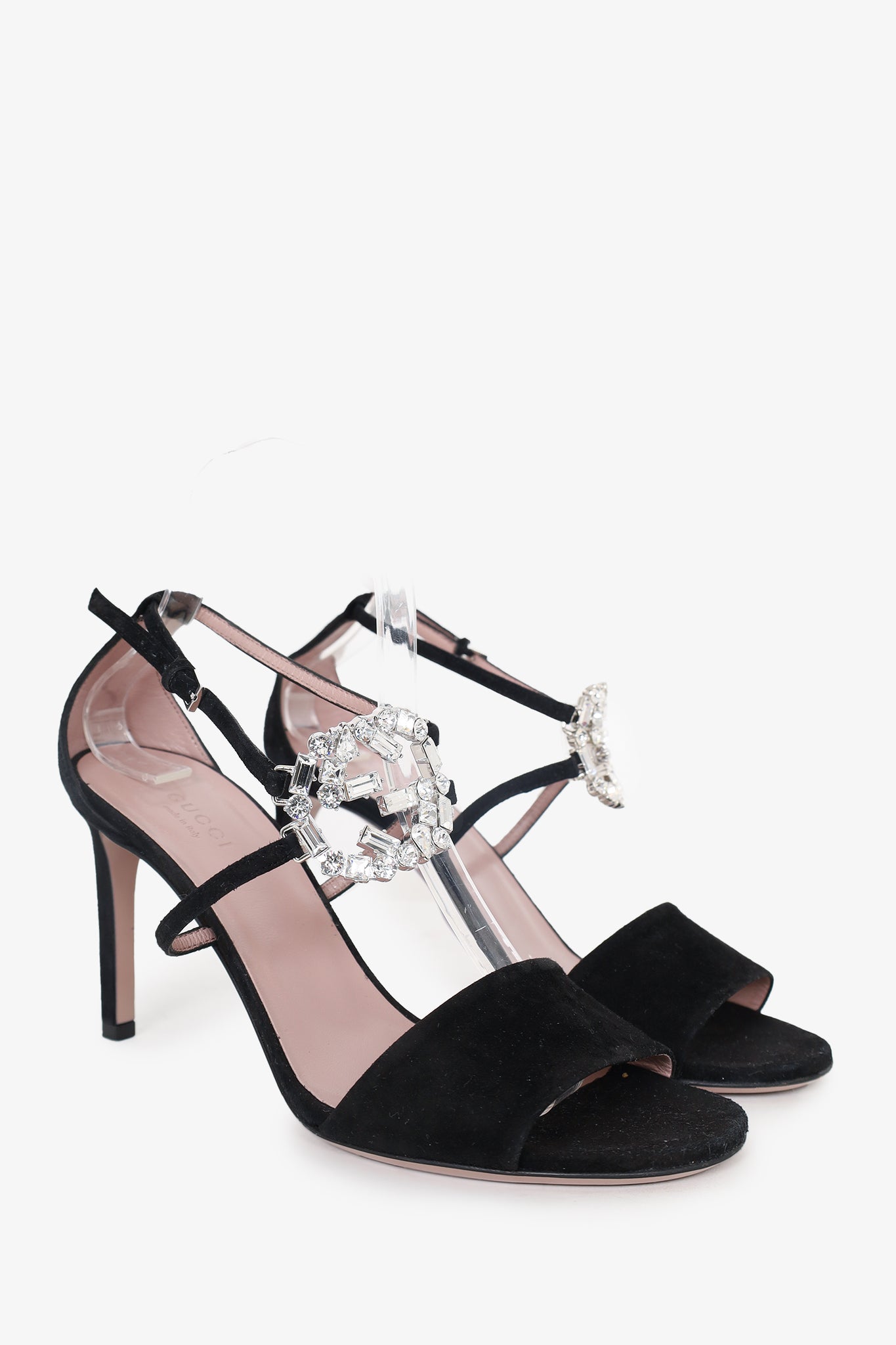 Black Suede Crystal Interlocking G Embellished Ankle Strap Sandals Gucci Size 38.