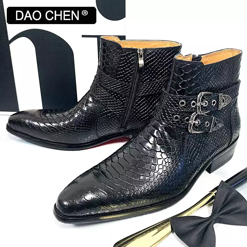 Black winter ankle boots - men's shoes - luxury snake boots.