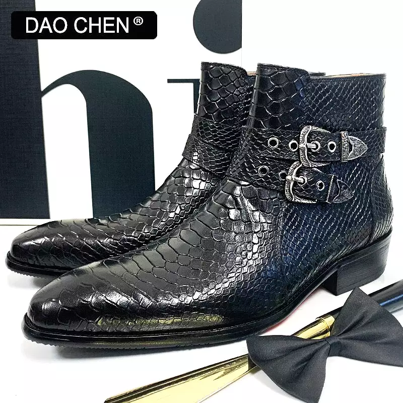 Black winter ankle boots - men's shoes - luxury snake boots.