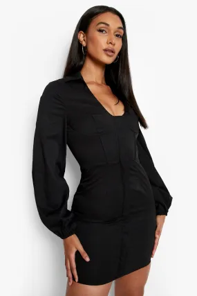 Blazer Dress with Corset Detail Blouson Sleeve