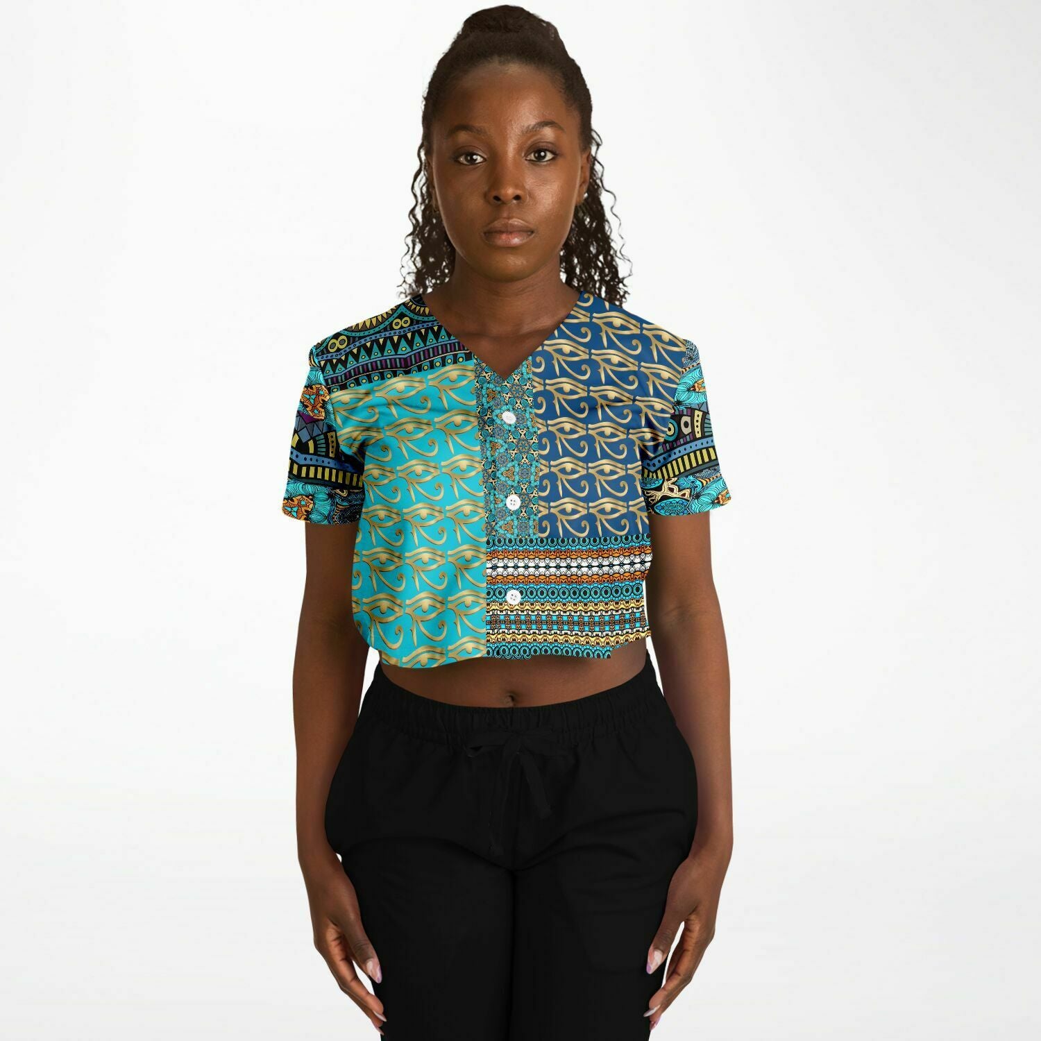 Blessings Patchwork Print Cropped Button Front Jersey