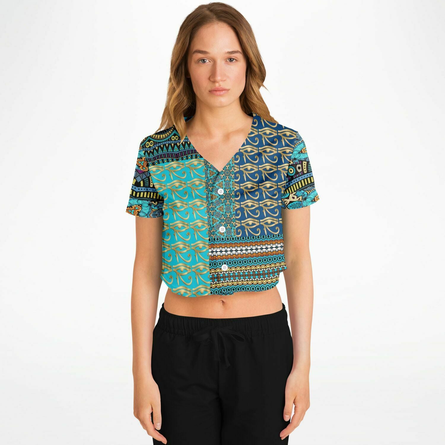 Blessings Patchwork Print Cropped Button Front Jersey