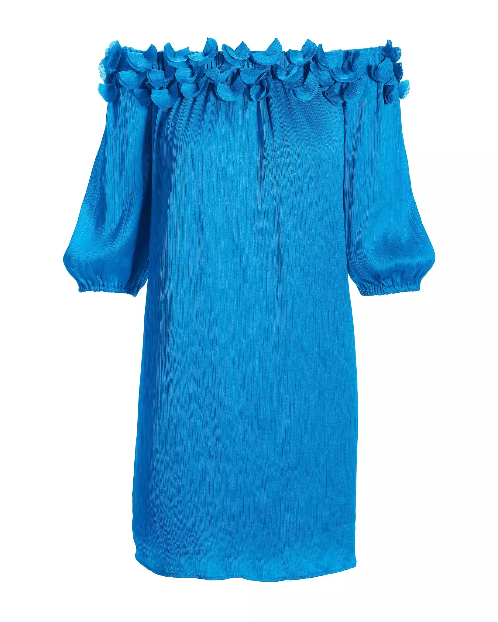 Blue 3D Floral Shift Dress with Woven Neckline