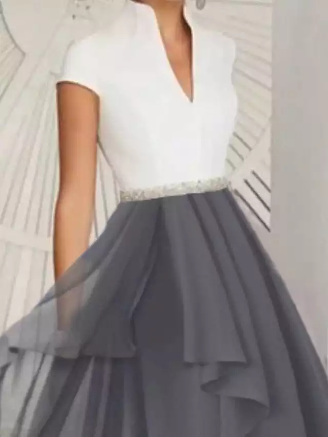 Blue Gray Cocktail Party Swing Dress with Short Sleeves and V-Neck for Modern Office Wedding.