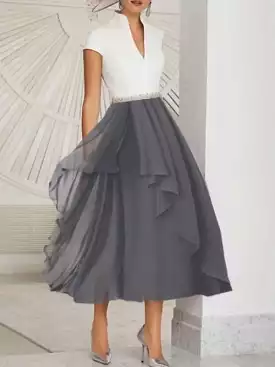 Blue Gray Cocktail Party Swing Dress with Short Sleeves and V-Neck for Modern Office Wedding.