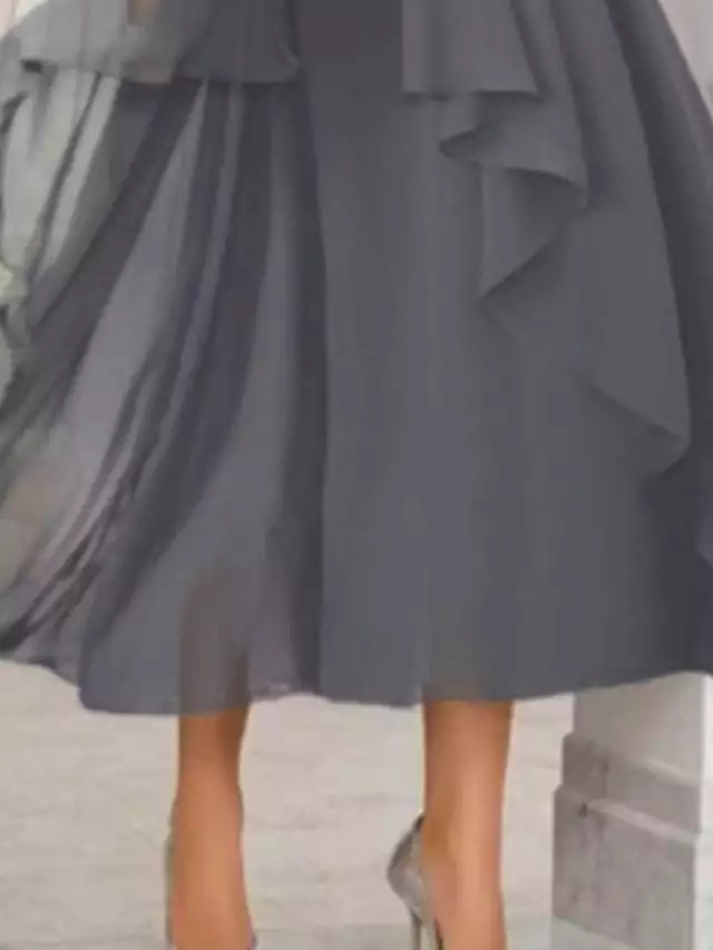 Blue Gray Cocktail Party Swing Dress with Short Sleeves and V-Neck for Modern Office Wedding.