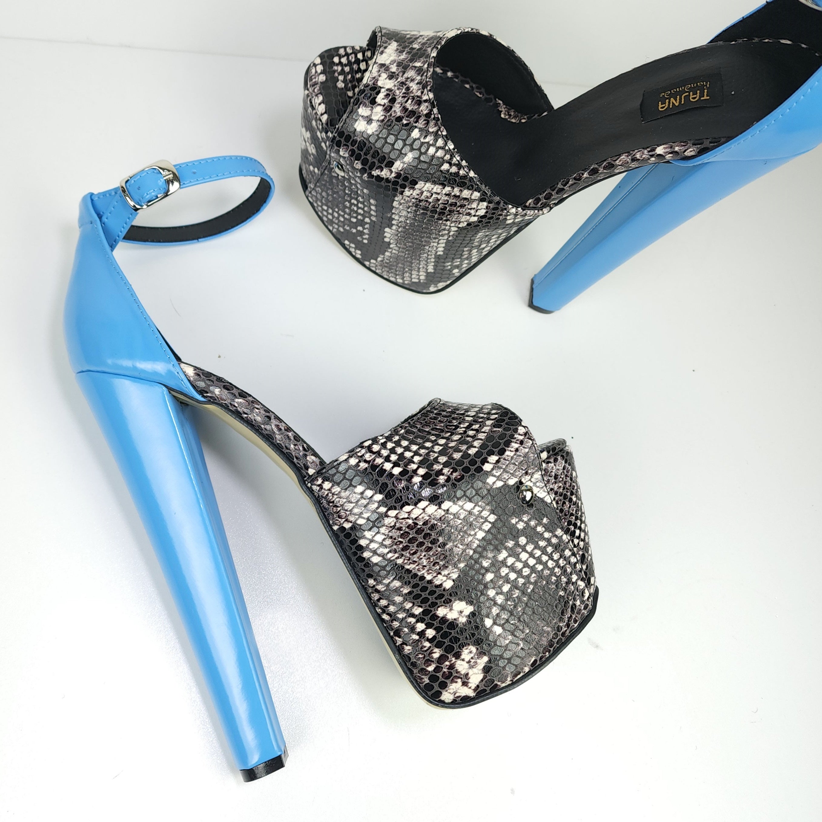 Blue Grey Snake Print Ankle Strap Sandals