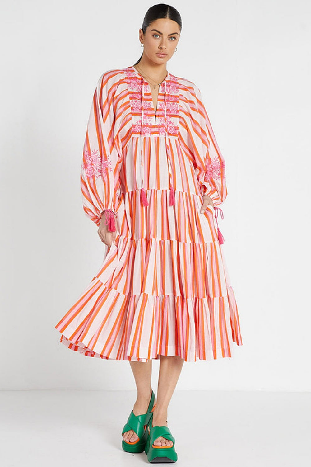 Bohemian Midi Dress - Pink Multicolor Stripe