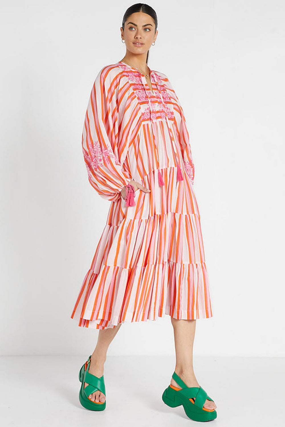 Bohemian Midi Dress - Pink Multicolor Stripe