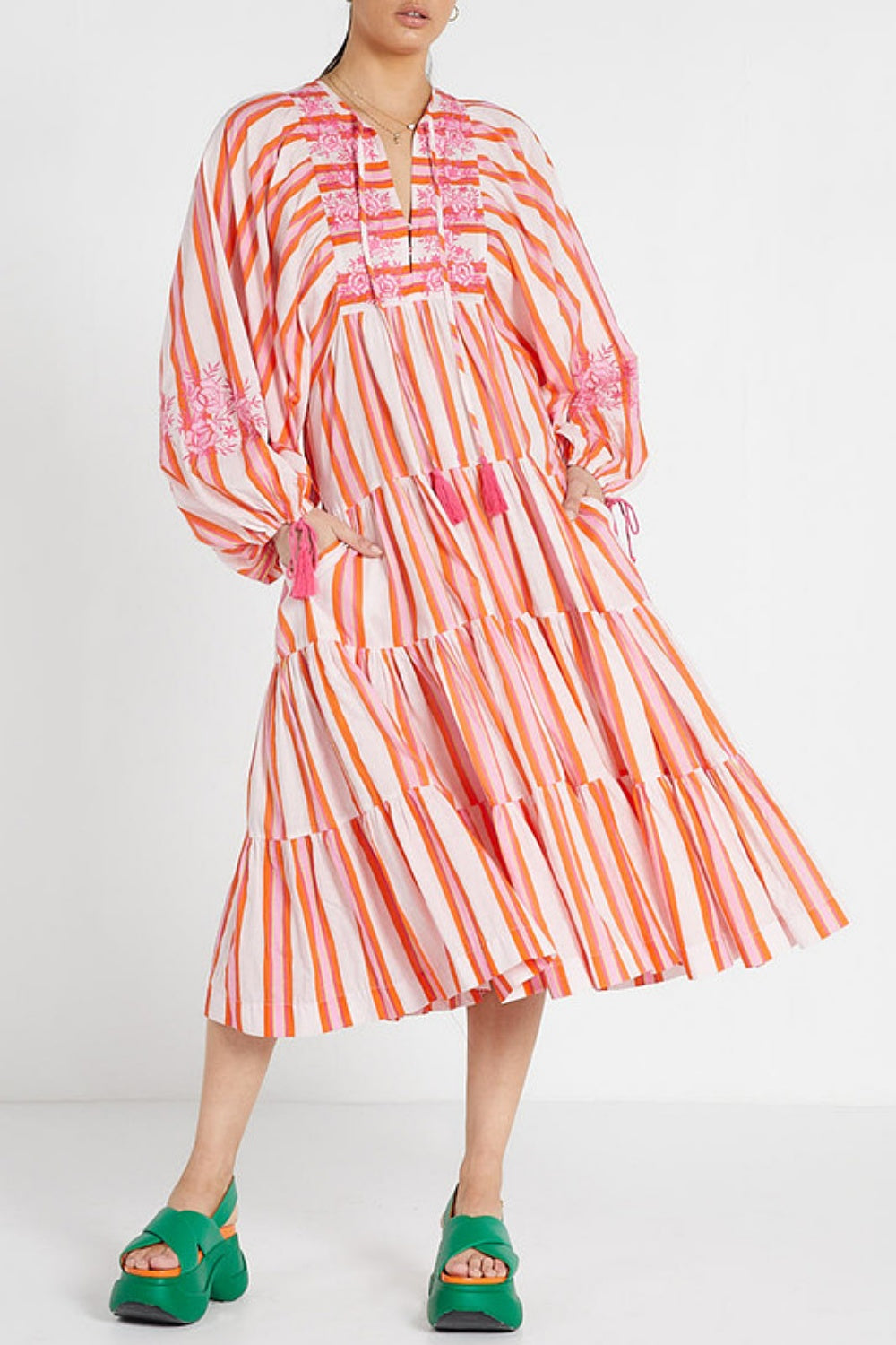 Bohemian Midi Dress - Pink Multicolor Stripe