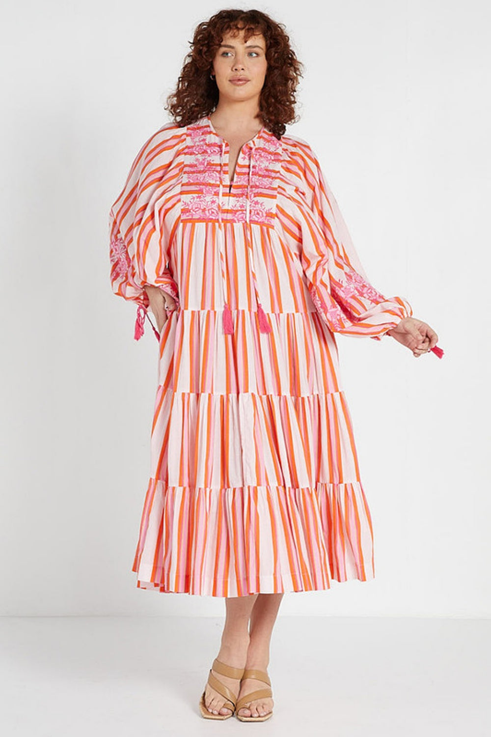 Bohemian Midi Dress - Pink Multicolor Stripe