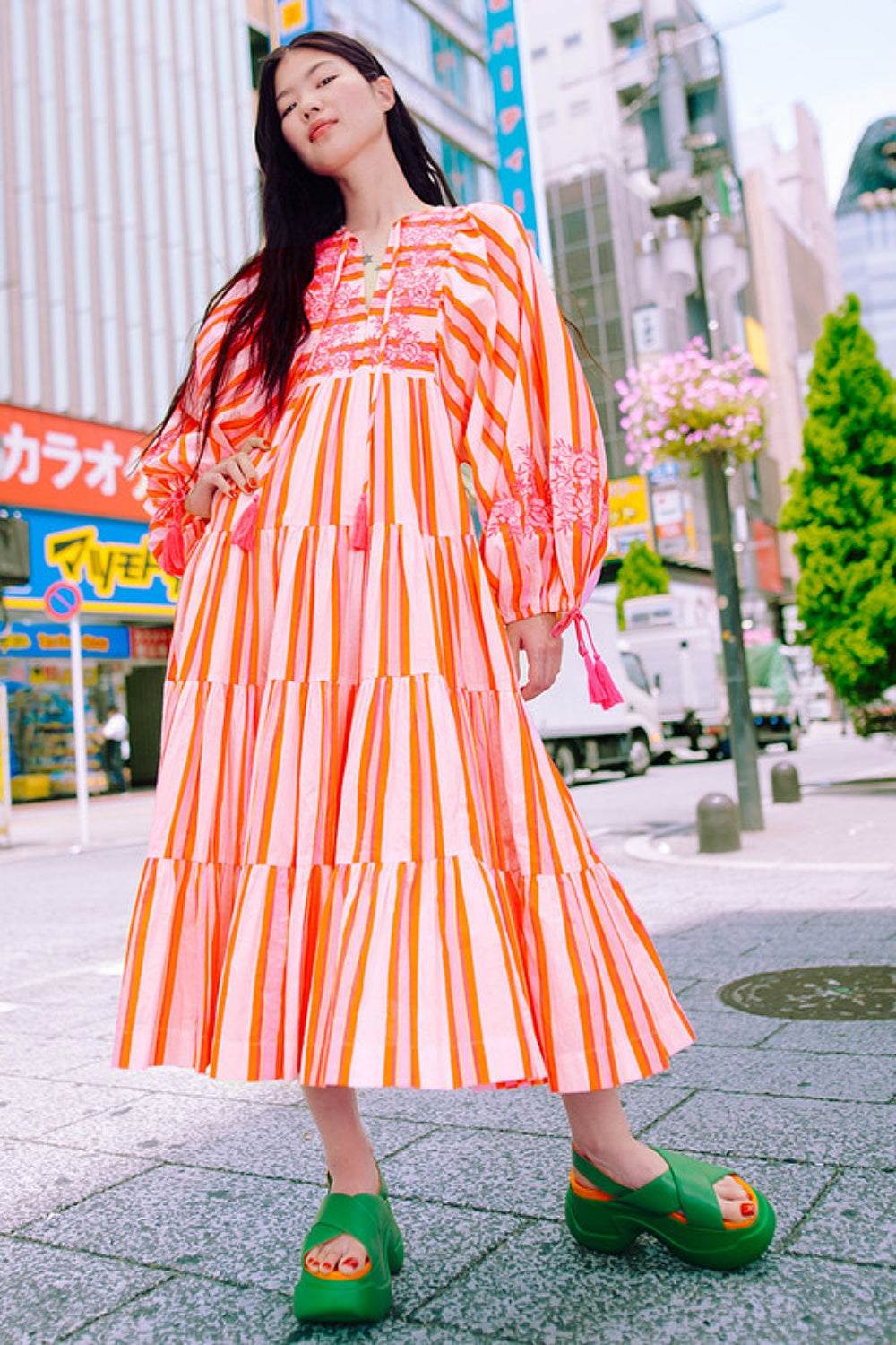 Bohemian Midi Dress - Pink Multicolor Stripe