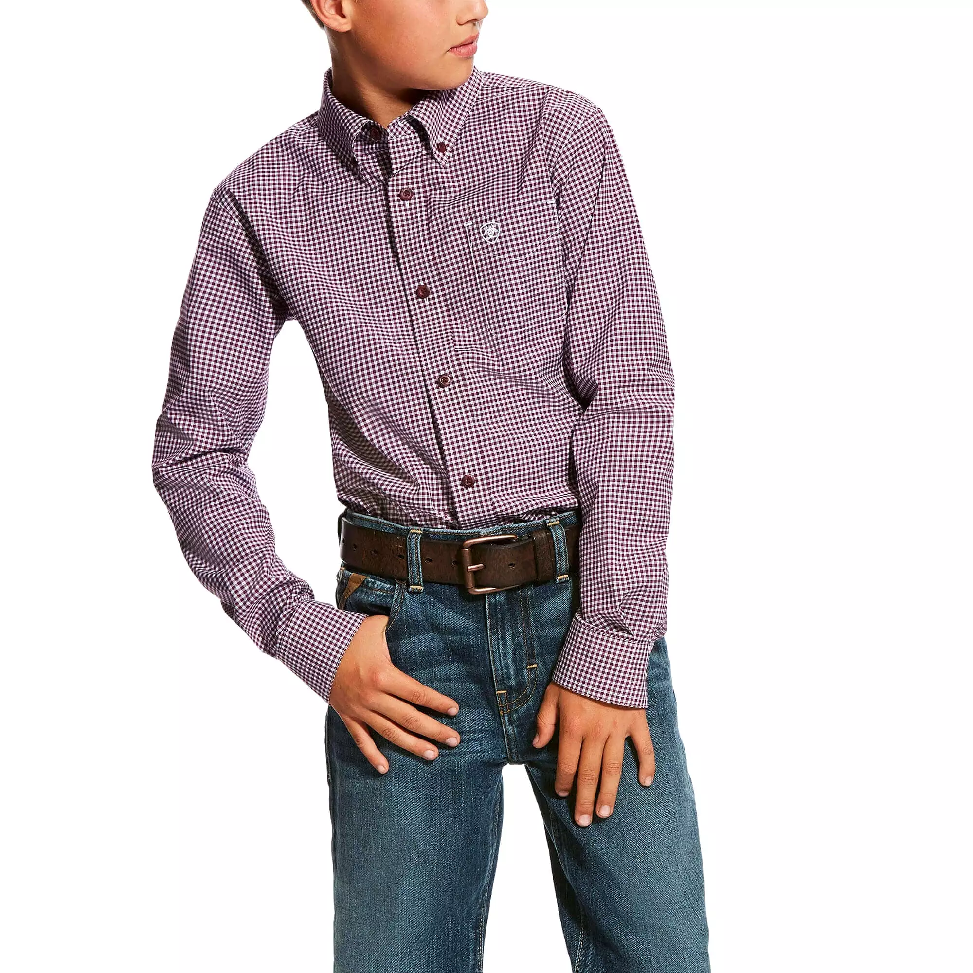 Boy's Ariat Performance Shirt, Long Sleeve Purple Dahli